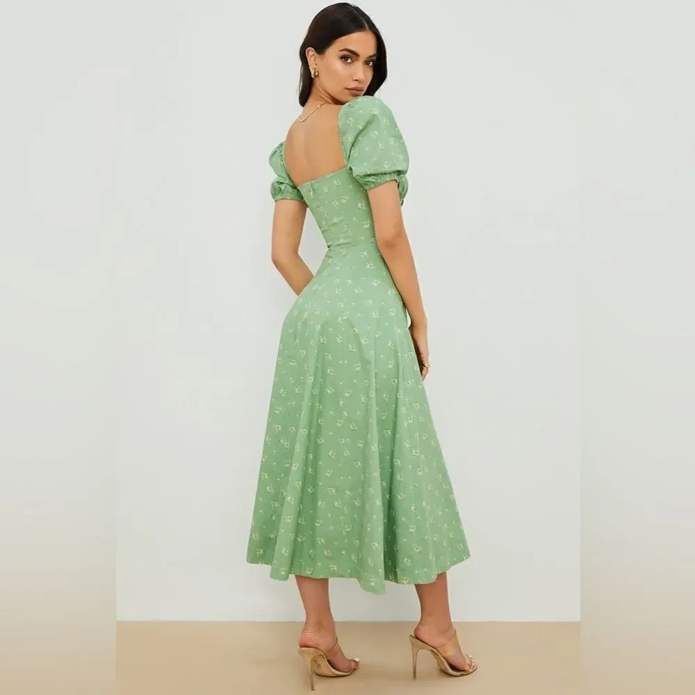 House of Cb Tallulah Olive Midi Green Dress Floral Puff Sleeve Size XS - Picture 5 of 14